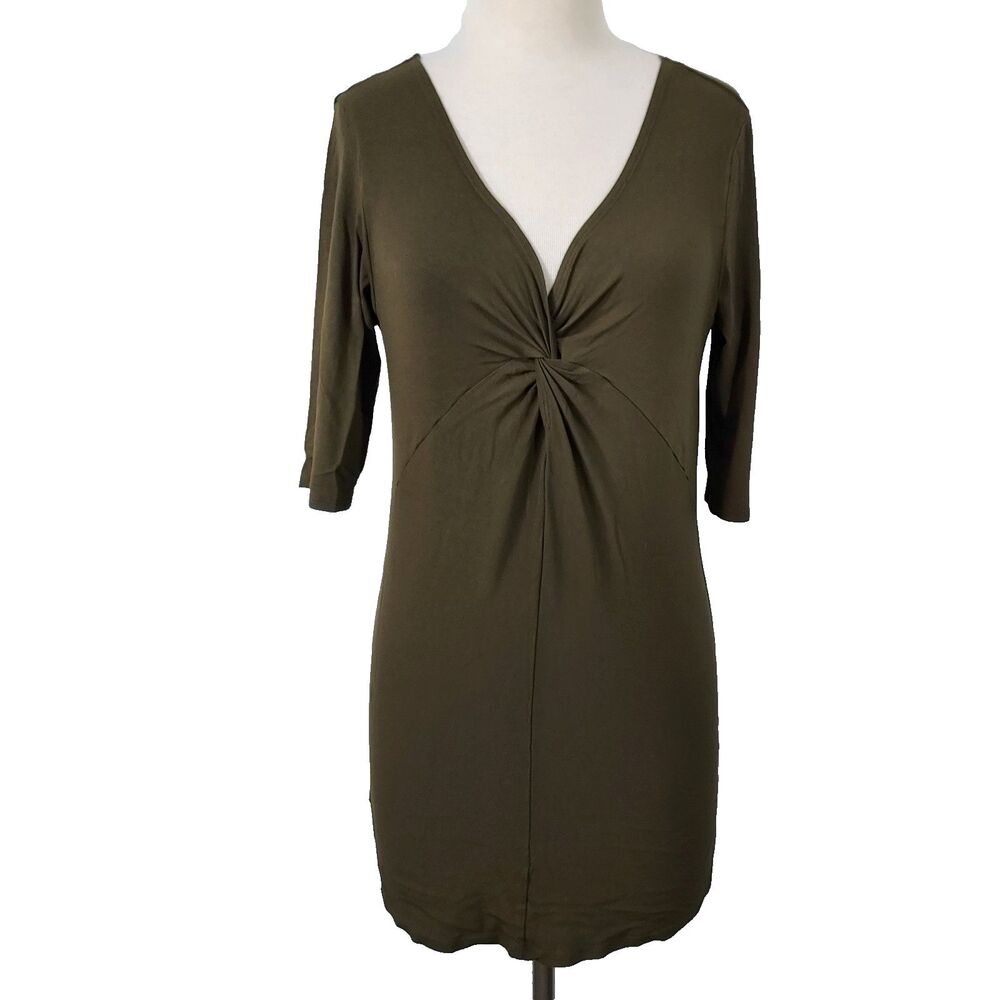 Eileen Fisher Tunic Top Size Small Olive Green Twist V Neck Stretch Elbow Sleeve
